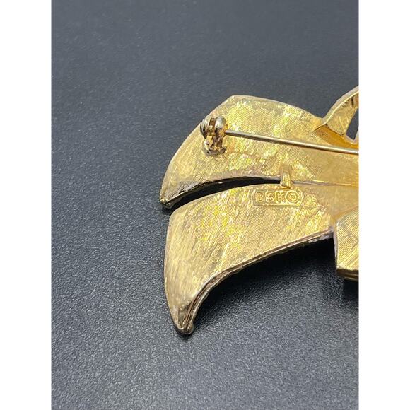 BSK Vintage Gold Tone Orange Yellow Enameled Flower Rhinestone Encrusted Brooch - Picture 11 of 13